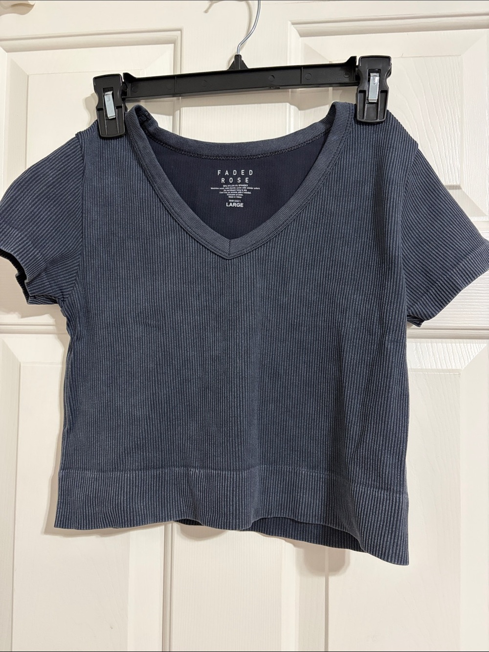 Faded Rose Ribbed V-Neck Crop Top Charcoal Blue 90s inspired